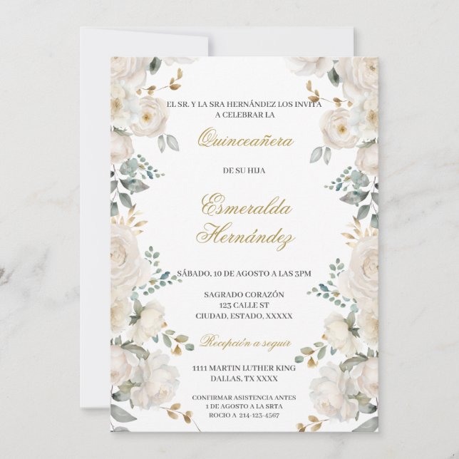 White flower quinceañera invitation (Front)