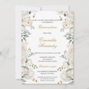 White flower quinceañera invitation