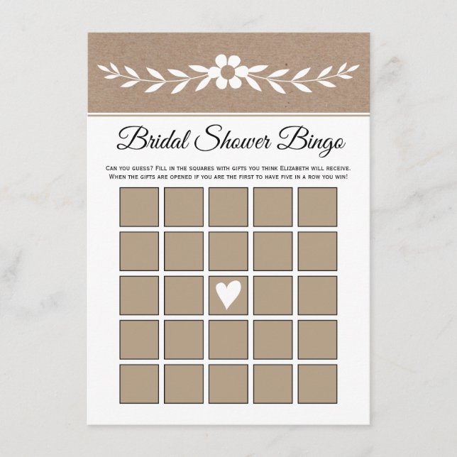 White flower, rustic kraft paper bridal bingo card (Front)