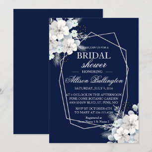 White flower sakura navy blue Bridal Shower Invitation