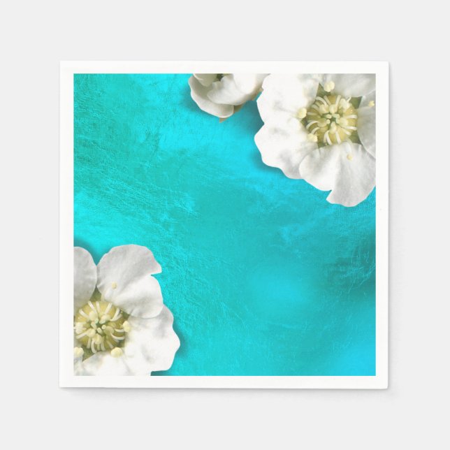 White Flower Tiffany Aqua Glass Metallic Delicate Napkin (Front)