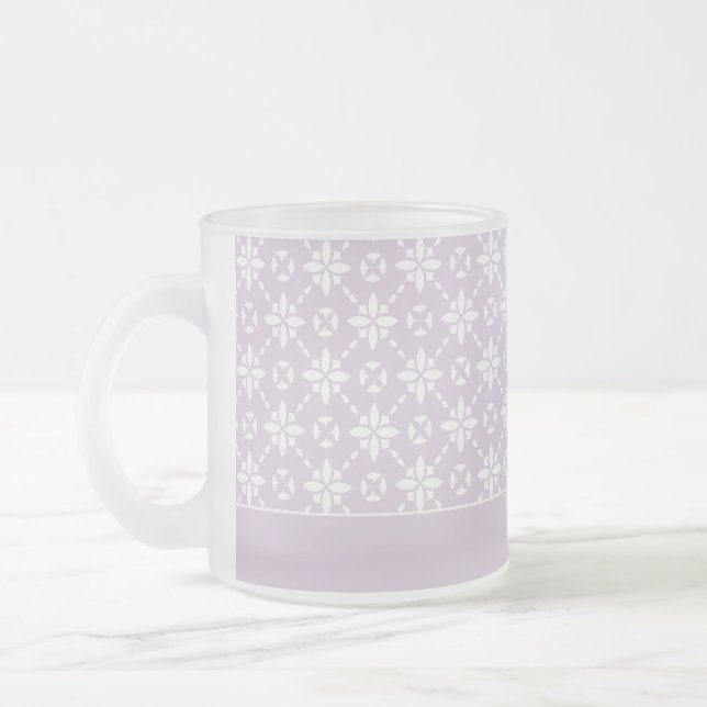 White Flower Tiled Pattern on Pink Border Frosted Glass Coffee Mug (Left)
