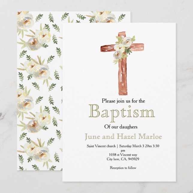 White flower twin sibling baptism invite (Front/Back)