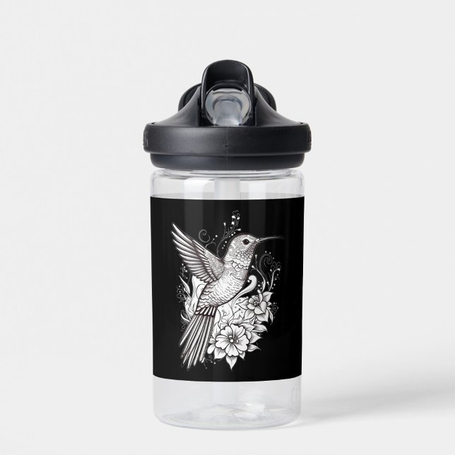White Flower Water Bottle (A clear water bottle featuring a detailed hummingbird illustration surrounded by floral designs.  )