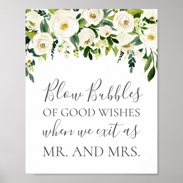 White Flower Wedding Bubbles of Good Wishes Sign (Front)