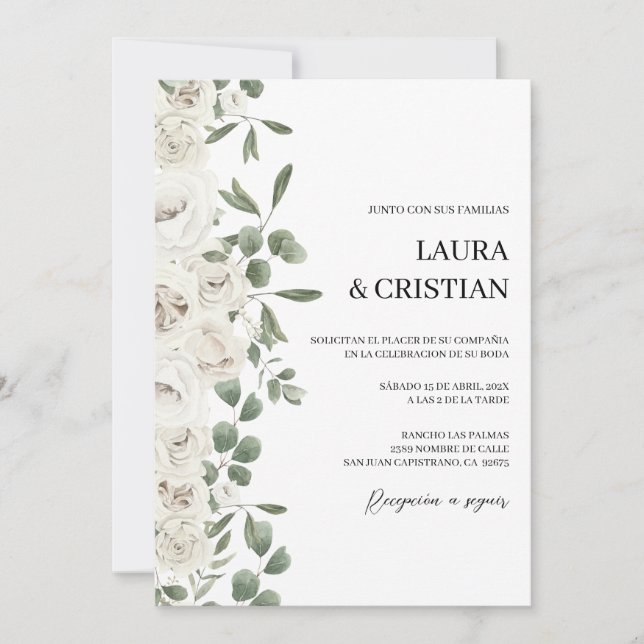 White flower wedding Invitation in Spanish (Front)