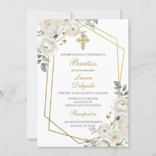 White flower with frame Baptism Invitation
