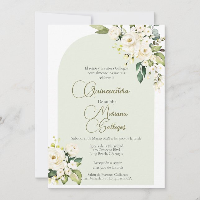 White flower with frame Quinceanera invitation (Front)