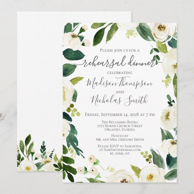 White Flower Wreath Rehearsal Dinner Invitations (Front/Back)