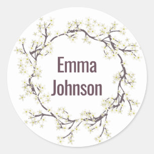 White Flowering Branch Wreath Classic Round Sticker