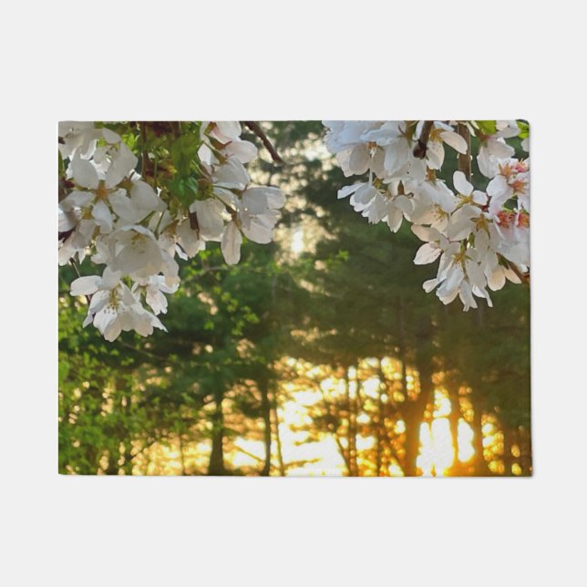  white flowering tree buds sunrise thru pine trees doormat (Front)
