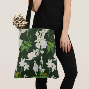 White flowers 1 dark green tote bag