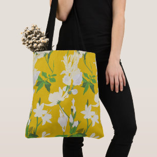 White flowers 1 yellow tote bag