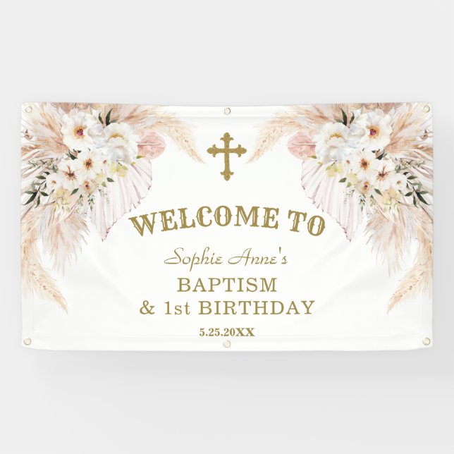 White Flowers 1st Birthday Baptism Welcome Sign (Horizontal)