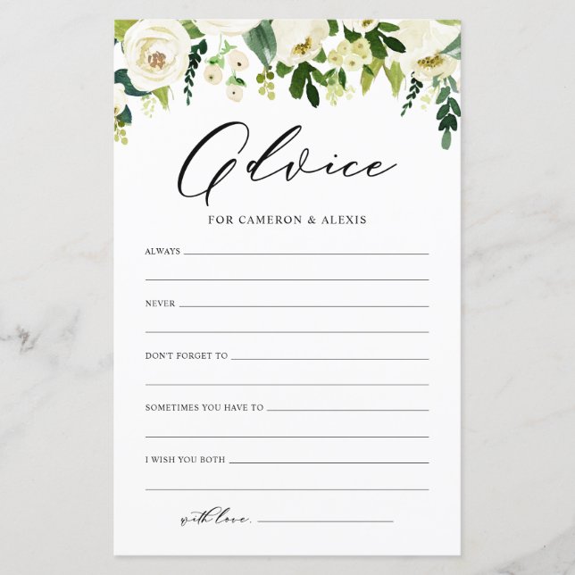 White Flowers Advice for the Bride and Groom Card (Front)