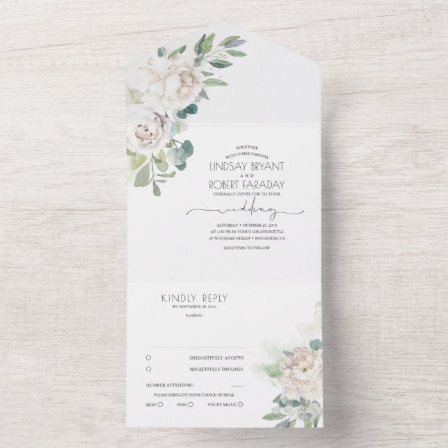 White Flowers And Boho Greenery Elegant Wedding All In One Invitation (Inside)
