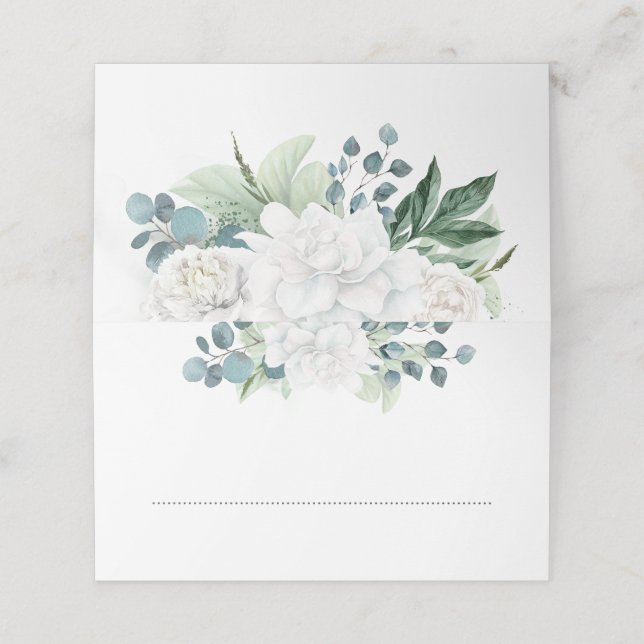 White Flowers and Eucalyptus Watercolor Greenery Place Card (Outside Unfolded)
