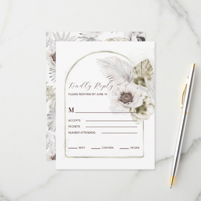 White Flowers and Feathers  RSVP Card (Front/Back In Situ)