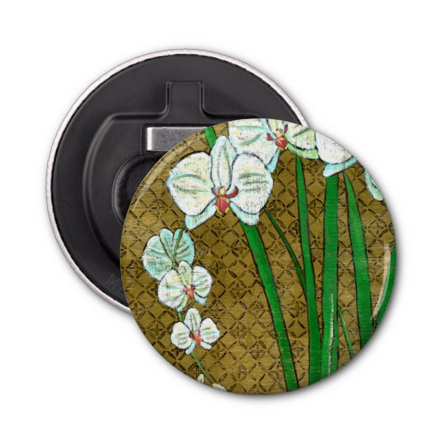 White Flowers and Green Stems on Brown Border Bottle Opener (Front)