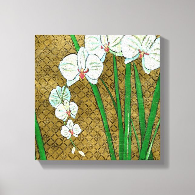 White Flowers and Green Stems on Brown Border Canvas Print (Front)