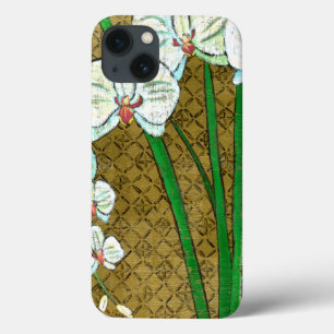 White Flowers and Green Stems on Brown Border iPhone 13 Case