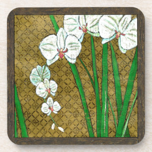 White Flowers and Green Stems on Brown Border Coaster