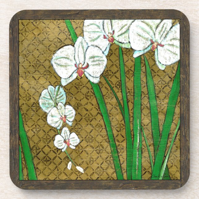 White Flowers and Green Stems on Brown Border Coaster (Front)