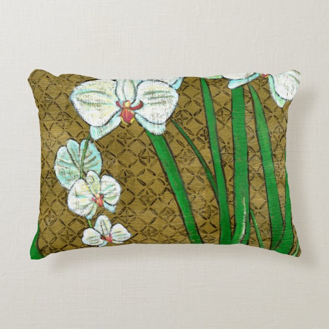 White Flowers and Green Stems on Brown Border Decorative Cushion (Front)