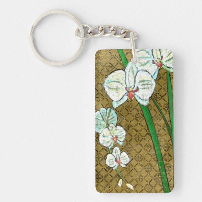 White Flowers and Green Stems on Brown Border Key Ring (Front)