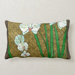 White Flowers and Green Stems on Brown Border Lumbar Cushion
