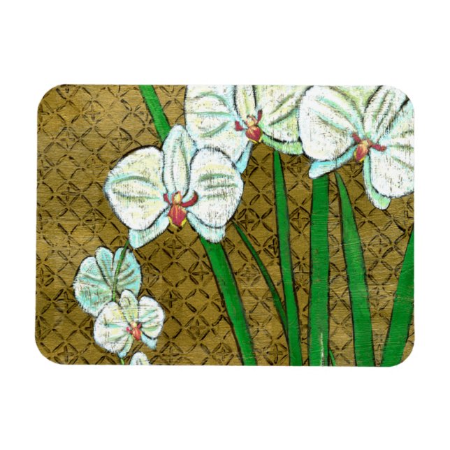 White Flowers and Green Stems on Brown Border Magnet (Horizontal)