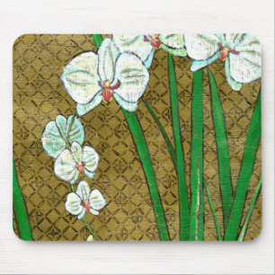 White Flowers and Green Stems on Brown Border Mouse Mat