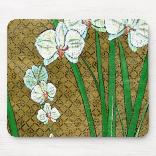 White Flowers and Green Stems on Brown Border Mouse Mat (Front)