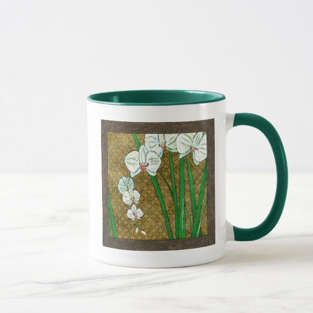 White Flowers and Green Stems on Brown Border Mug (Right)