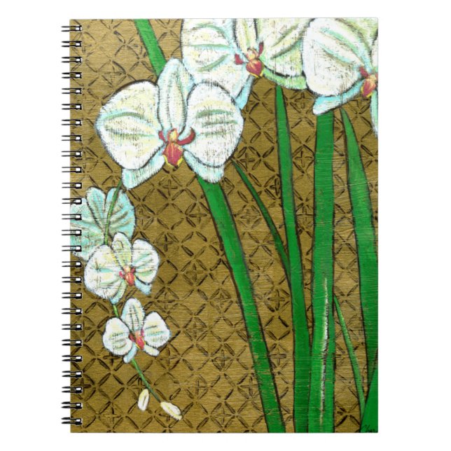 White Flowers and Green Stems on Brown Border Notebook (Front)