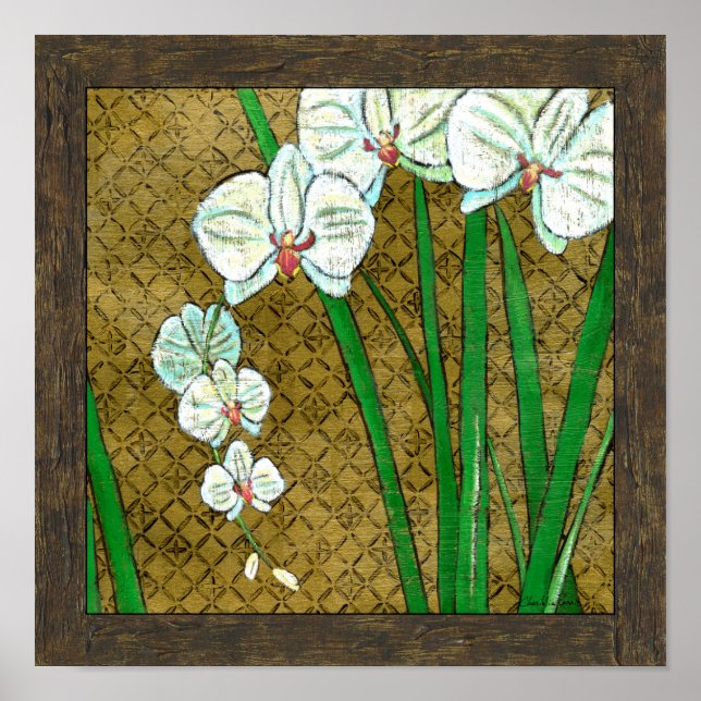 White Flowers and Green Stems on Brown Border Poster (Front)