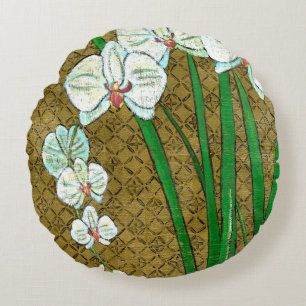 White Flowers and Green Stems on Brown Border Round Cushion