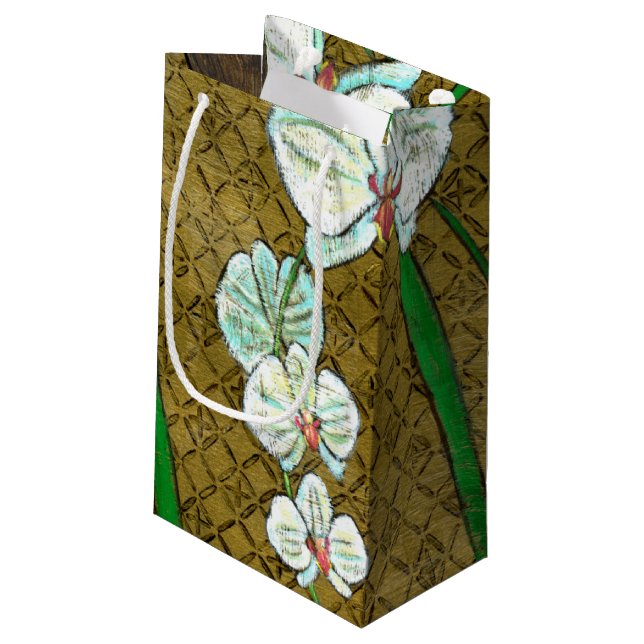 White Flowers and Green Stems on Brown Border Small Gift Bag (Back Angled)