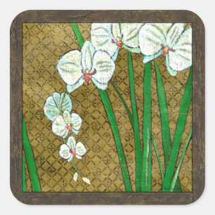 White Flowers and Green Stems on Brown Border Square Sticker