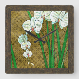White Flowers and Green Stems on Brown Border Square Wall Clock