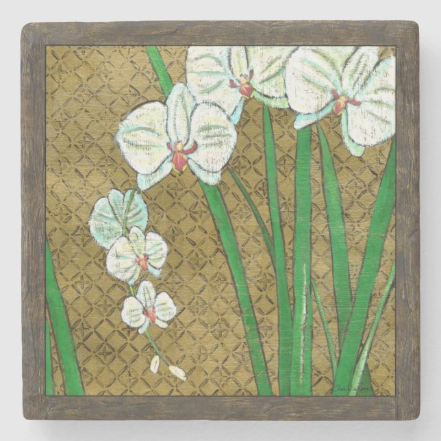 White Flowers and Green Stems on Brown Border Stone Coaster (Front)