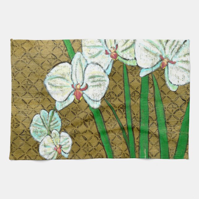 White Flowers and Green Stems on Brown Border Tea Towel (Horizontal)