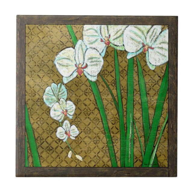 White Flowers and Green Stems on Brown Border Tile (Front)