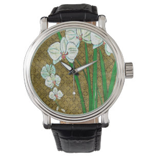 White Flowers and Green Stems on Brown Border Watch