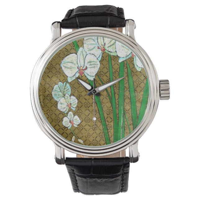 White Flowers and Green Stems on Brown Border Watch (Front)
