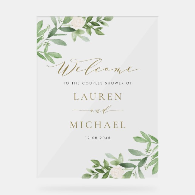White Flowers and Greenery Couples Shower Acrylic Sign (Front)