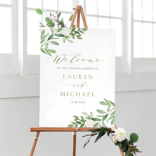 White Flowers and Greenery Couples Shower Welcome Poster