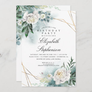White Flowers and Greenery Elegant Birthday Party Invitation