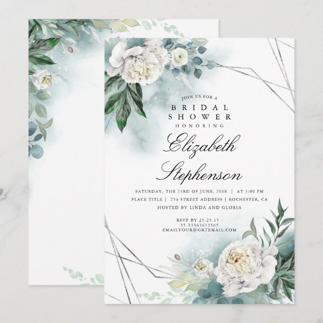 White Flowers and Greenery Elegant Bridal Shower Invitation (Front/Back)