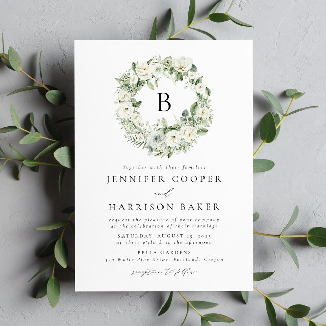White Flowers and Greenery Monogram Wedding Invitation (Creator Uploaded)